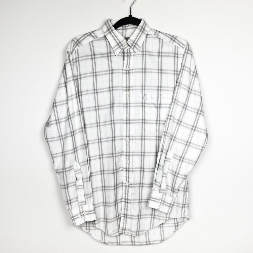 Burberry London Button Men's Small White Plaid Down Long Sleeves Shirt Pocket.